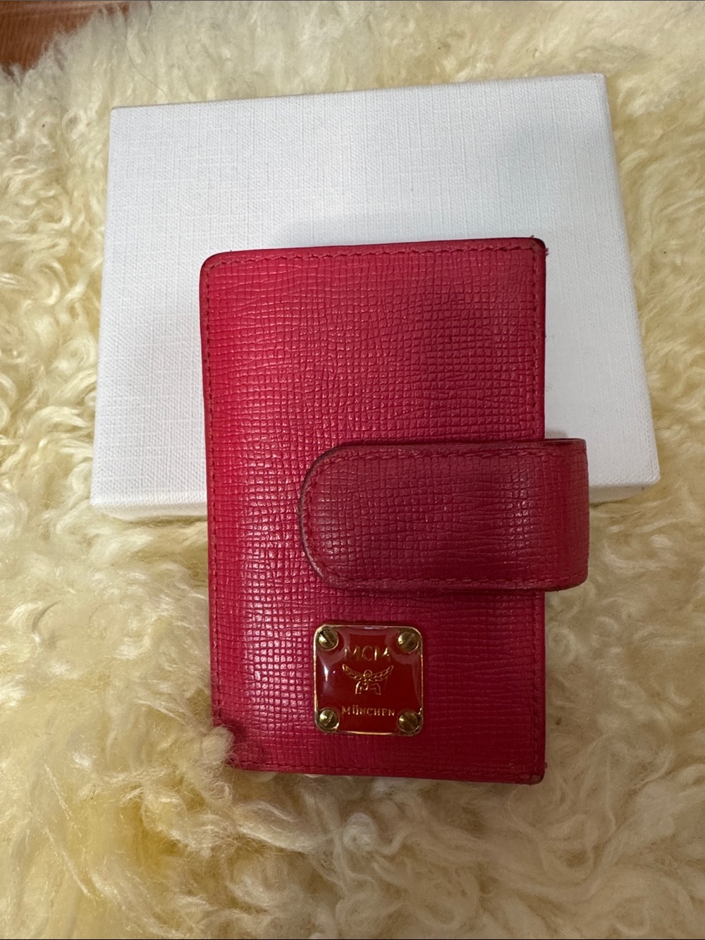 Red Textured Leather Snap Wallet with Gold Plaque